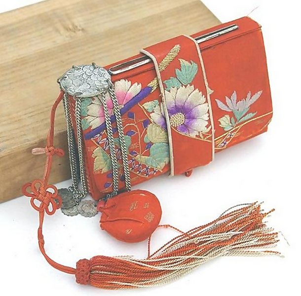 Red Antique Japanese Tissue Holder with Kanzashi