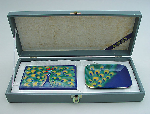 Ando Japanese Cloisonne Box and Tray with Peacock