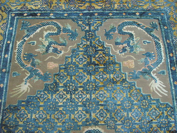 Antique Chinese Rug, Silk and Metal Carpet with Dragons