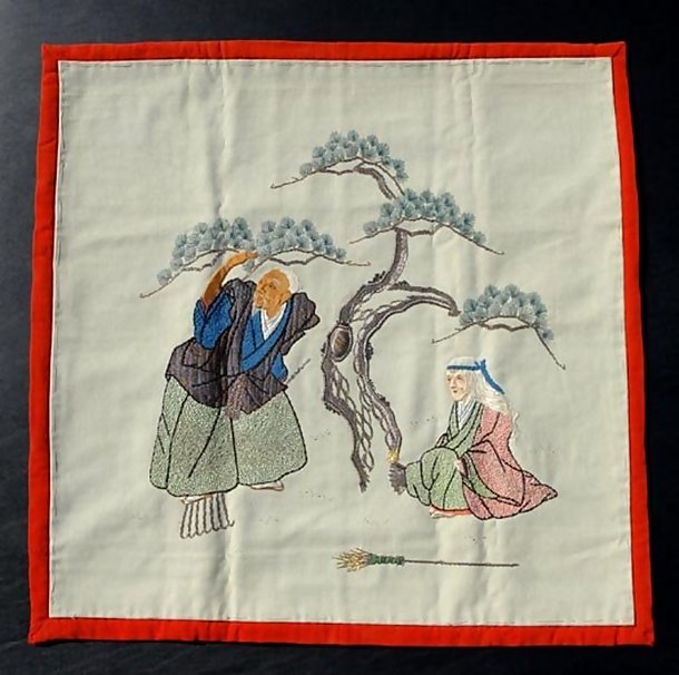 Antique Japanese Fukusa, Noh Takasago on Wool