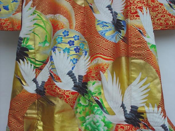 Japanese Wedding Kimono Gown, Cranes in Red and Gold