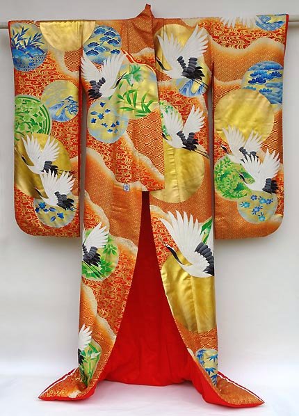 Japanese Wedding Kimono Gown, Cranes in Red and Gold