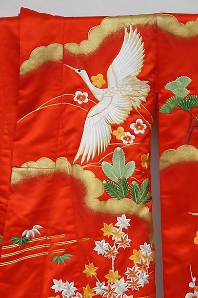 Japanese Wedding Kimono Gown, Cranes in Red Satin