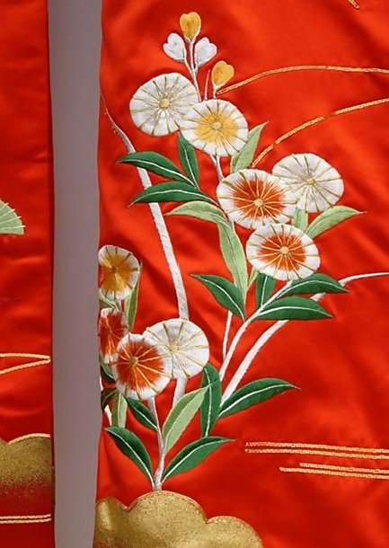 Japanese Wedding Kimono Gown, Cranes in Red Satin