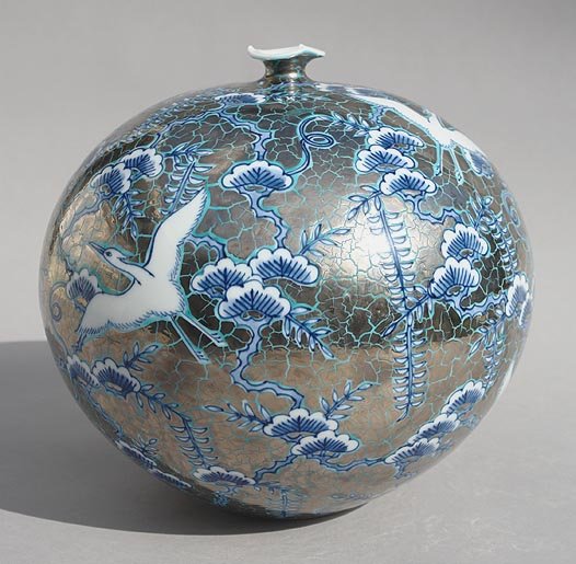 Beautiful Japanese Arita Vase, Flying Herons
