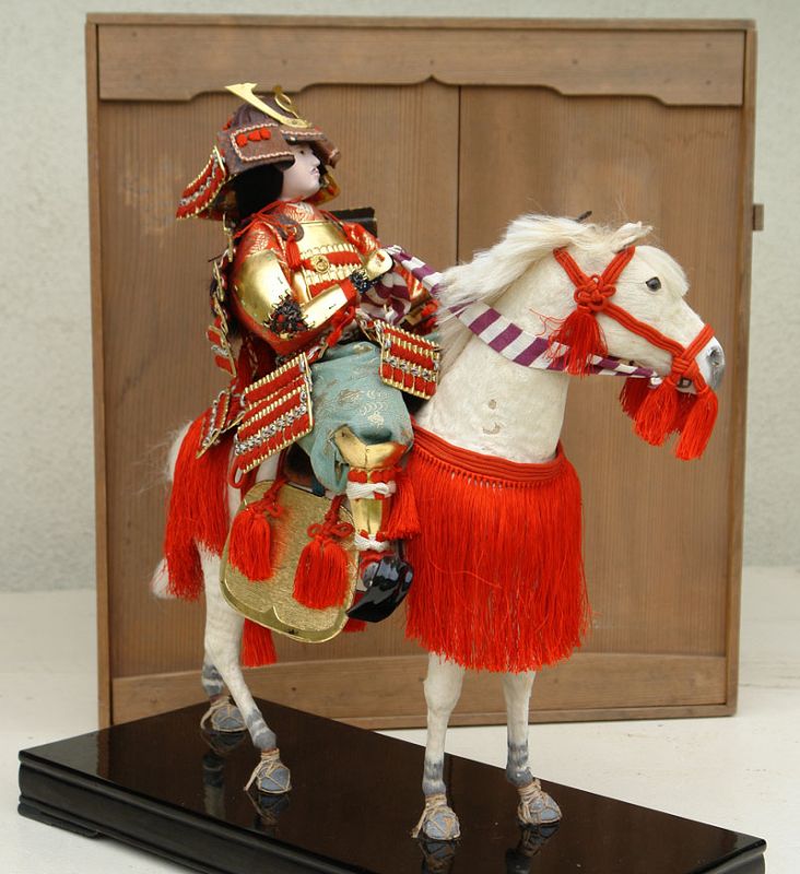 Large Antique Japanese Doll, Samurai on White Horse