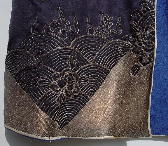 Old Chinese Dark Blue Silk Gown with Silver Threads