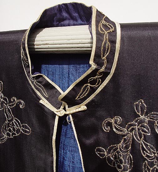 Old Chinese Dark Blue Silk Gown with Silver Threads