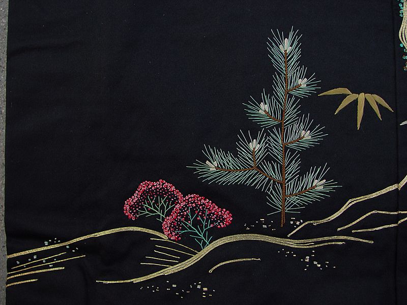 Antique Black Silk Japanese Wedding Kimono, embroidery