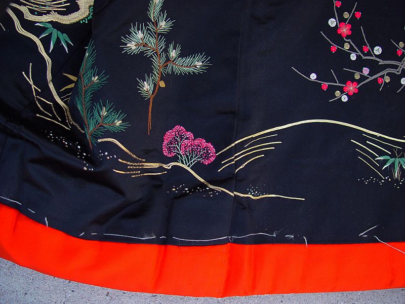 Antique Black Silk Japanese Wedding Kimono, embroidery