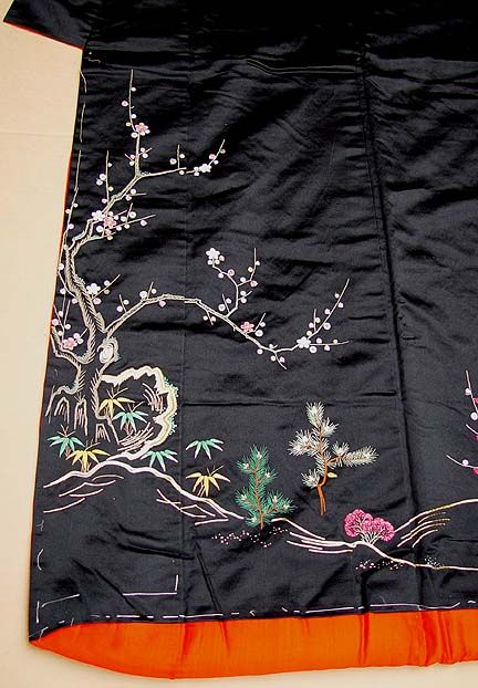 Antique Black Silk Japanese Wedding Kimono, embroidery