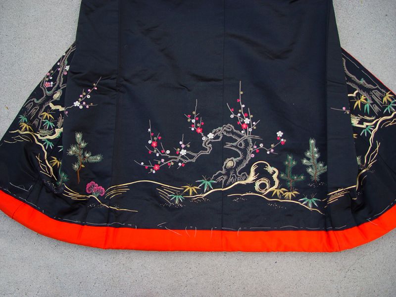 Antique Black Silk Japanese Wedding Kimono, embroidery