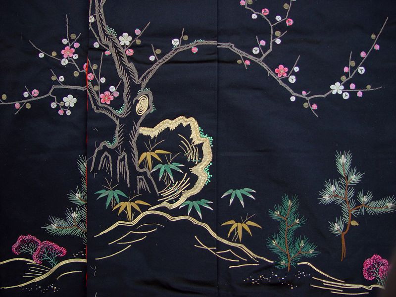 Antique Black Silk Japanese Wedding Kimono, embroidery