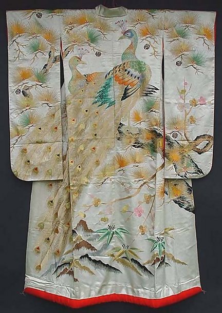 White Japanese Wedding Kimono with Peacock