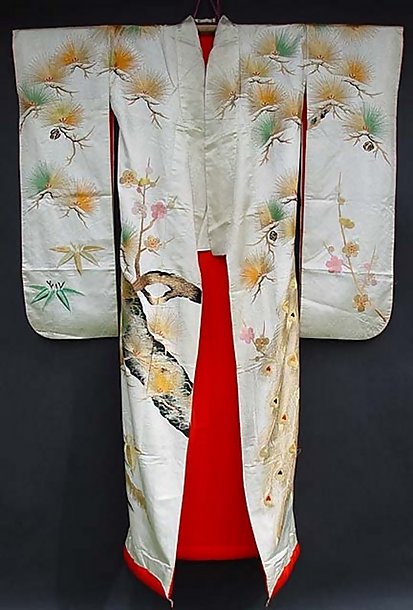 White Japanese Wedding Kimono with Peacock