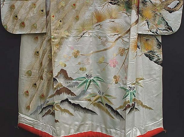 White Japanese Wedding Kimono with Peacock