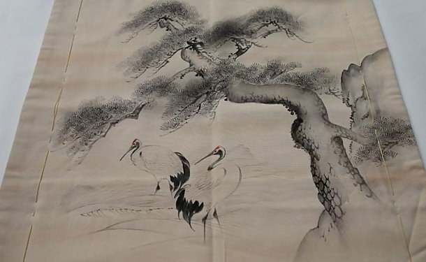 Japanese Fukusa - Cranes, Pine Tree in Sumie Black Ink
