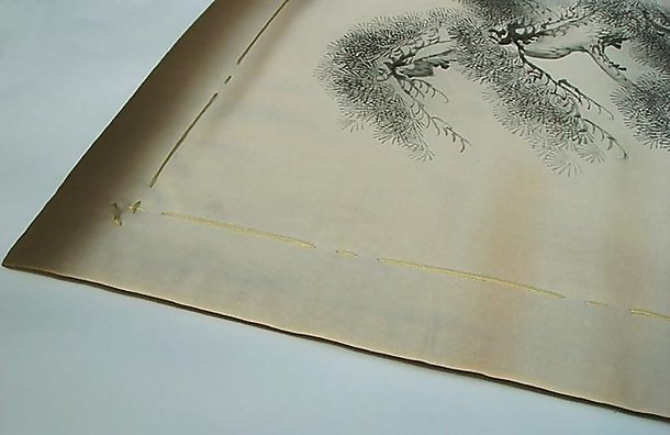 Japanese Fukusa - Cranes, Pine Tree in Sumie Black Ink