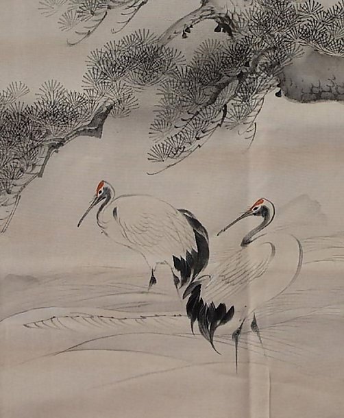 Japanese Fukusa - Cranes, Pine Tree in Sumie Black Ink