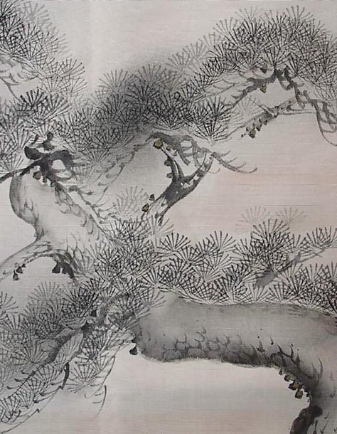 Japanese Fukusa - Cranes, Pine Tree in Sumie Black Ink