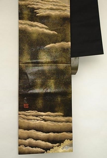 Japanese Black Obi, Mt. Fuji, Golden Clouds, Wall Decor