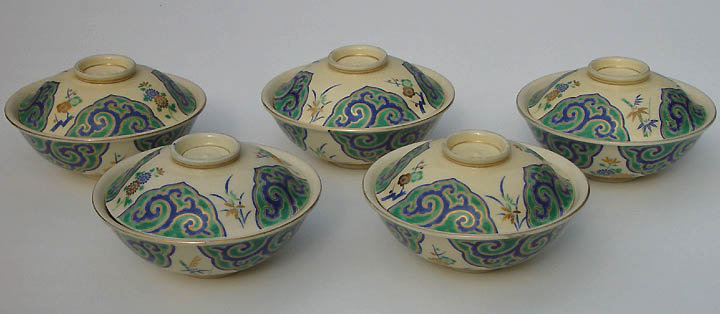 Japanse Kyo-yaki Bowls with Covers - A Set of Five