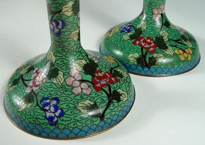 Antique Chinese Cloisonne Candlesticks, a pair