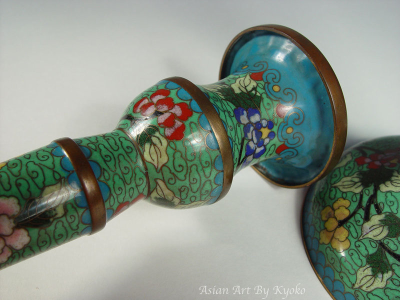 Antique Chinese Cloisonne Candlesticks, a pair