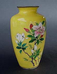 Yellow Cloisonne vase by Sato Company
