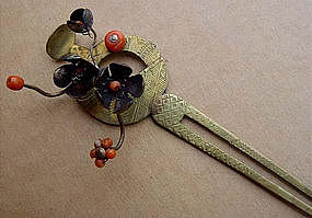 Japanese Brass Kanzashi with Silver and Coral