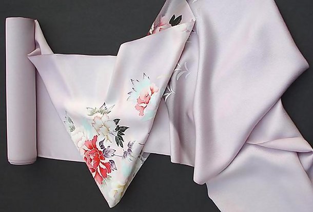Peonies on a  Lavender Silk Kimono Roll, Yuzen zome
