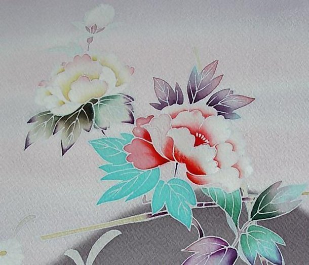 Peonies on a  Lavender Silk Kimono Roll, Yuzen zome