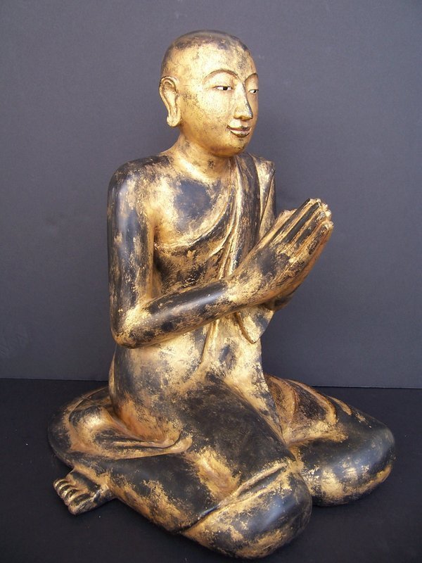 A Large Burmese  Carved Wood Monk, 19th century