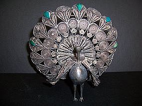 A Fine Indian Silver Filigree Peacock, Rajasthan India