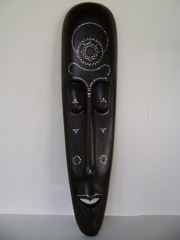 A Large and Attractive Javanese Mask , Teak with Inlay