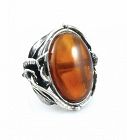 BIG 1980s Signed Poland Sterling Silver & Amber Cocktail RING - Size 9