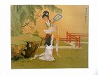 ORIGINAL 1960s 70s SIGNED Chinese Woman with Fan SILK PAINTING