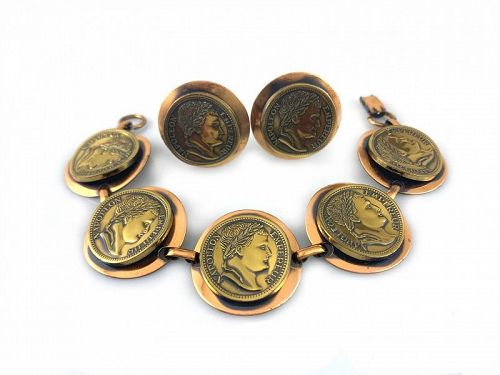 TWO TONE 1950s Handmade Copper and Brass Coins Bracelet & Earrings SET