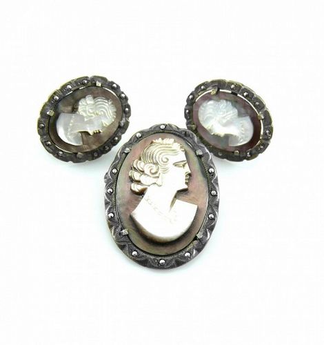 LOVELY 1930s Sterling MOP and Marcasites Cameo Pin & Earrings SET