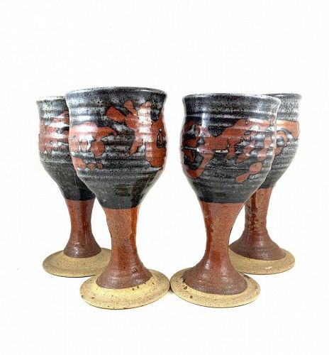 SET Vintage 1970s Signed Handmade Studio Pottery Modernist GOBLETS