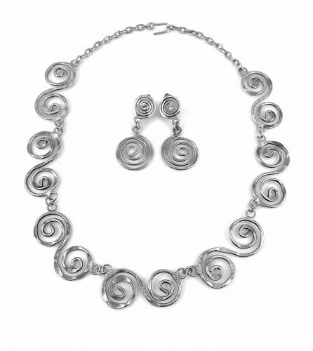 BIG 1960s Handmade Modernist Spiral Necklace & Earrings SET