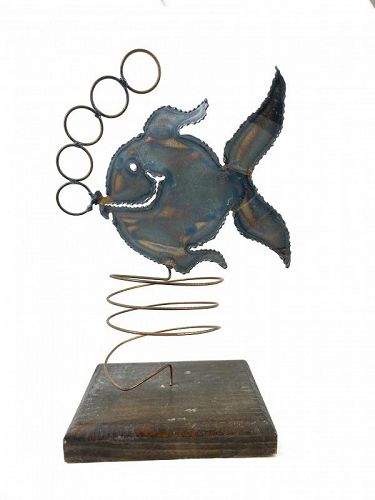 BIG 1970s Torch Cut Steel & Copper Whimsical Fish Modernist SCULPTURE