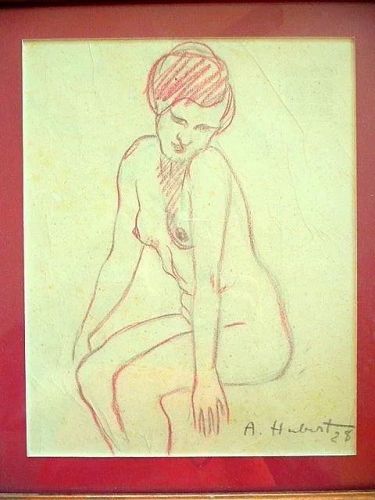 ORIGINAL Drawing 1928 SIGNED A. Hubert SEATED Female NUDE