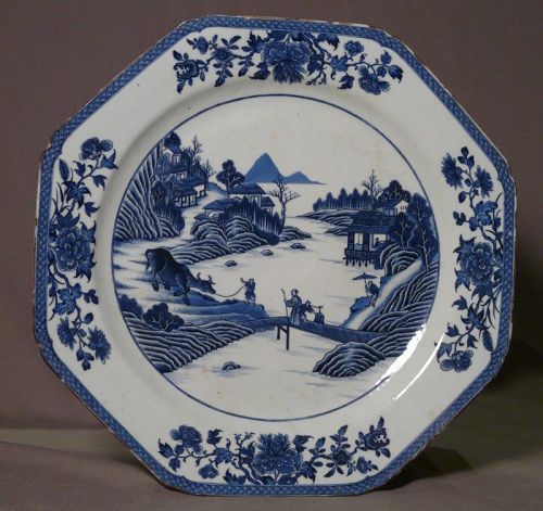 Chinese porcelain dish decorated in cobalt blue underglaze.Landscape.