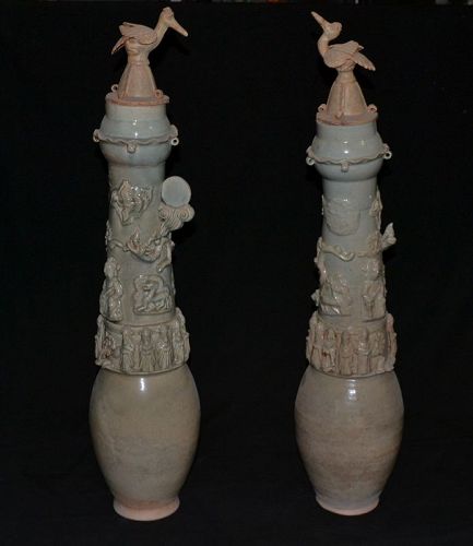 Large pair of celadon glazed terracotta cremation urns