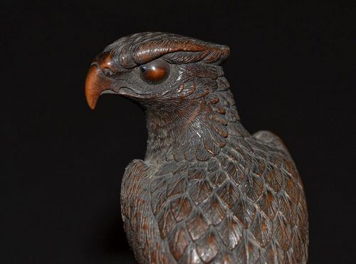 Wooden falcon Okimono by Haru Mitsu.