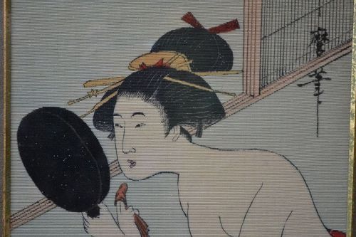 Embroidered silk panel. Utamaro print.