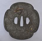 Exceptionnaly large iron tsuba. Nitan killing the Boar.