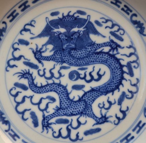 Chinese porcelain plate, blue drangon and rice pattern