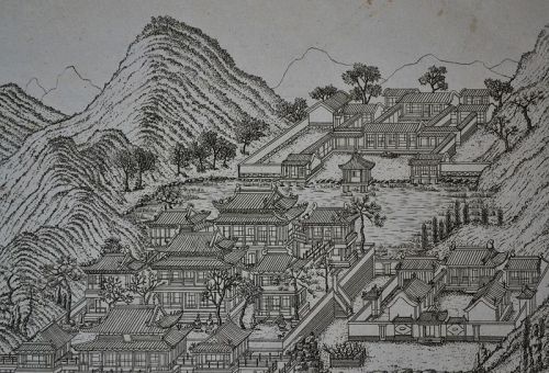 Chinese palace in montainous landscape.French engraving 18th century